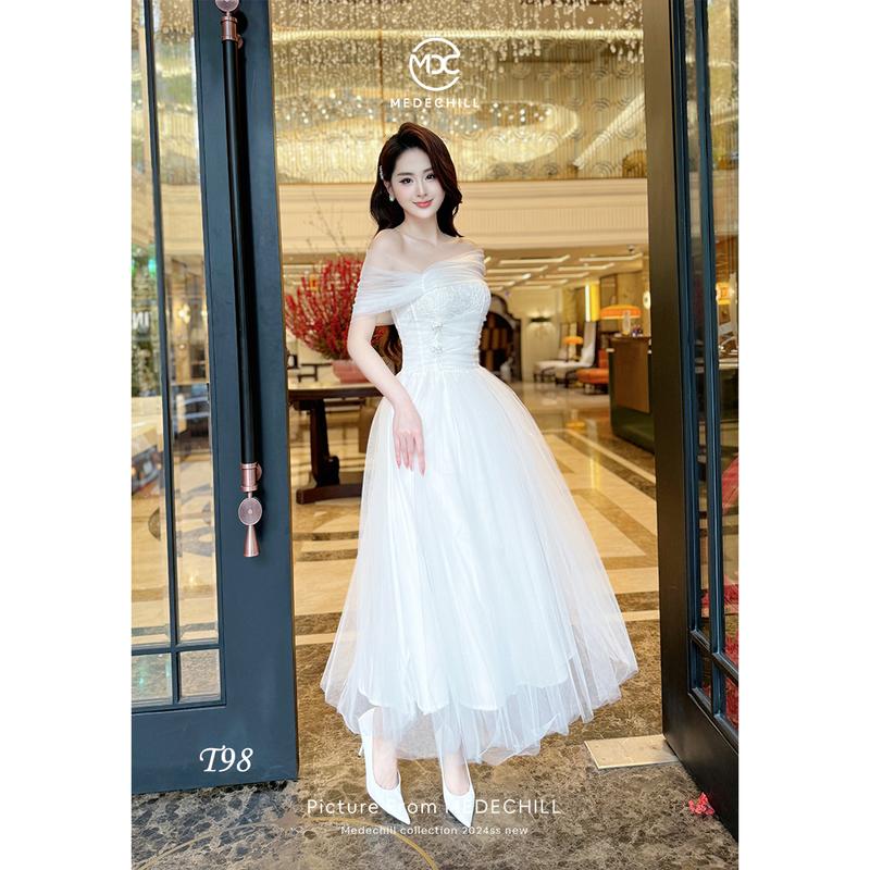 Váy Trắng Đi Tiệc Đám Cưới Đi Bàn Cô Dâu MEDECHILL Thiết Kế Xếp Ly Dáng Dài Trễ Vai Đính Đá Cao Cấp T98
