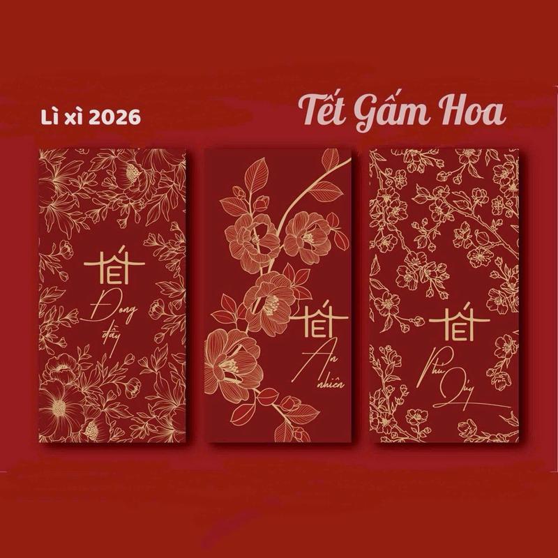 Combo 24 Bao Lì Xì Gấm Hoa Đỏ Phú Quý Sum Vầy– Phiên Bản Độc Quyền Tết Bính Ngọ 2026 | Sang Trọng cao cấp