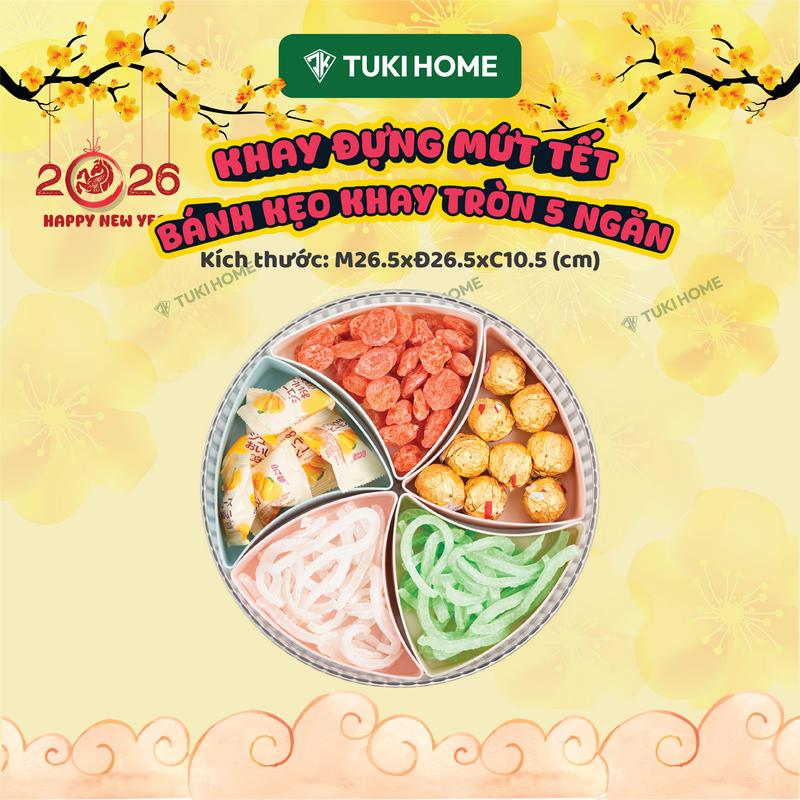  Khay đựnġ mứt Tết 2026 Khay đựng bánh kẹo các loại hạt hình tròn 1 tầng 5 ngăn đựng đồ để phòng khách sang trong nhựa Việt Nhật 5637-1 