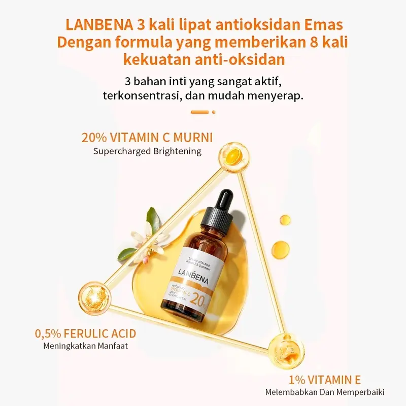 [BPOM] LANBENA 20% Vitamin C Murni Serum Kulit Pencerah/Perawatan Kulit Pemutih 7 Hari /Whitening Brightening SKIn Care 15ml/30ml  NO BPOM: NA11231900031     INFORMASI PRODUK:  BRAND: LANBENA ANTIOXIDANT VITAMIN C SERUM Mencerahkan Wajah Mengencangkan 4