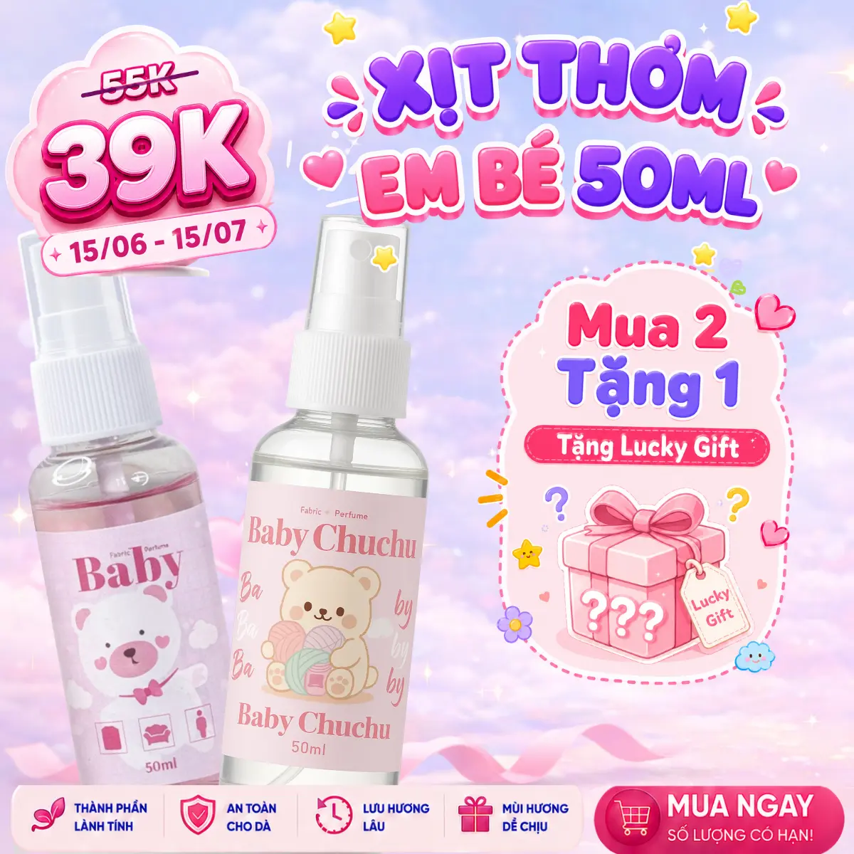 Xịt Thơm Hương Phấn Hương Em Bé - Fabric Perfumer 50ml  – Mùi Phấn Rôm Dễ Thương, Nhẹ Nhàng, Thơm Dễ Chịu Cho Học S