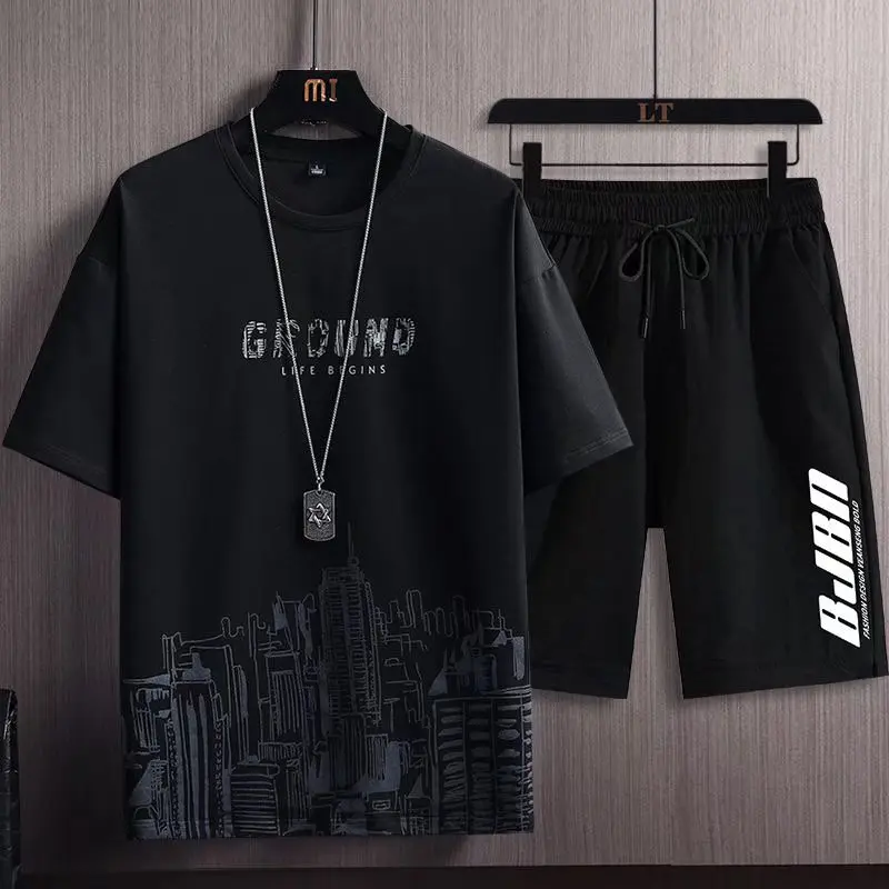 FNCXGE Men Short Sleeve T-Shirt Suit Summer Shorts Two-piece Fashion Loose Plus Size Sports Set For Male