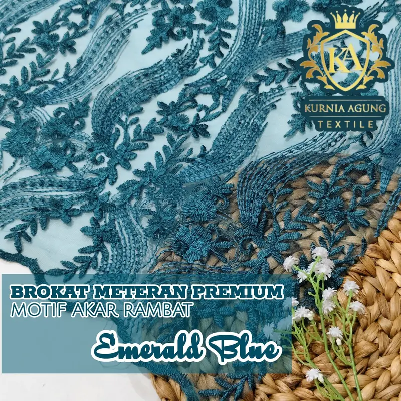 Kain Bahan warna EMERALD BLUE  Kain Bridesmaid Premium Bahan Brokat Satin motif Etnik Sumba Akar Rambat dijual per 50cm 1