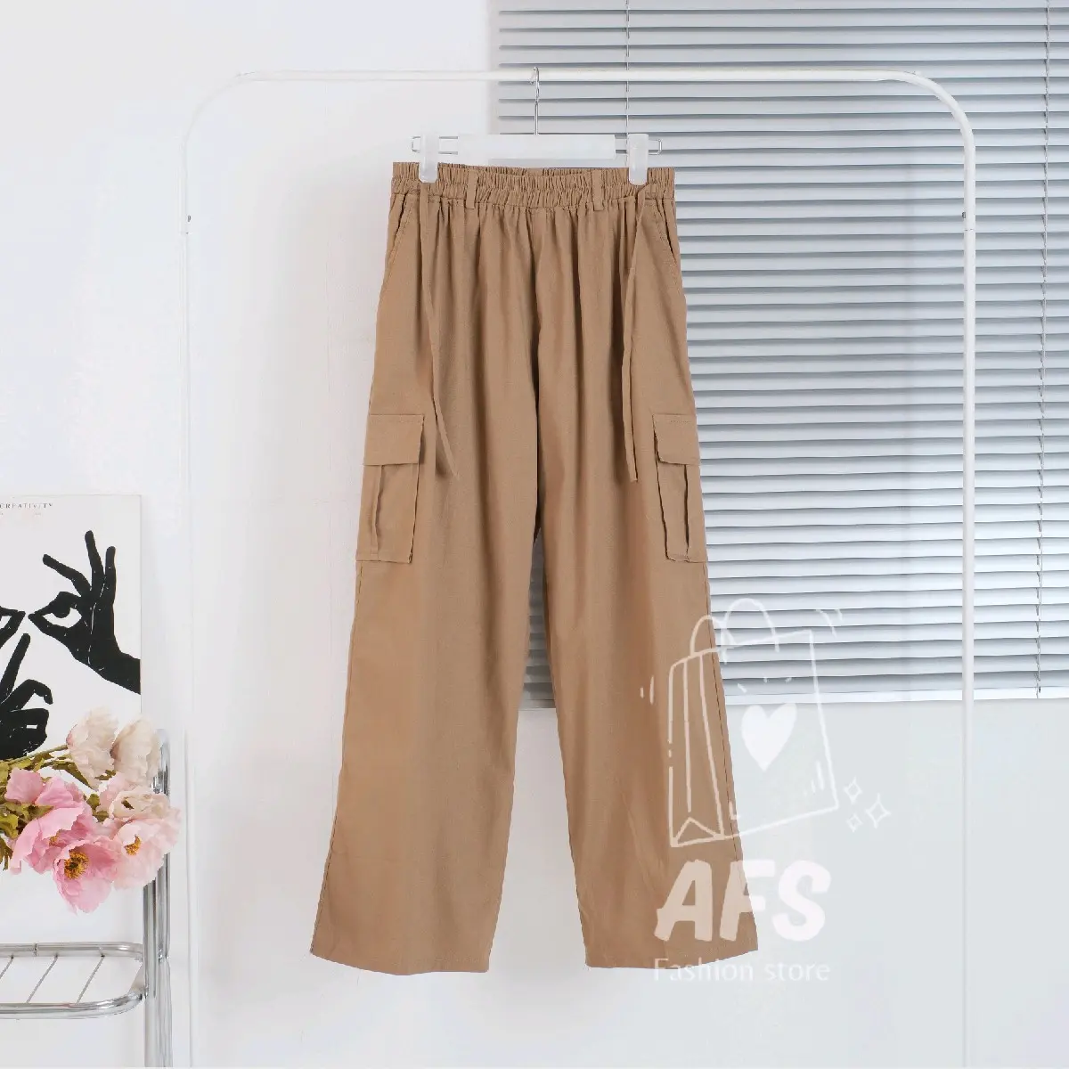 Cargo Loose Pants Wanita Jumbo Big Size Kantong Besar Katun Tebal Karet Panjang kulot stripe ootd  celana Hitam oro