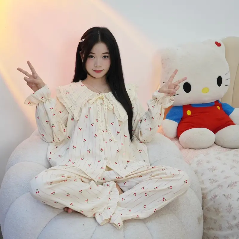 [ Ngọc Trinh x Xưởng may Sm]Đũi hàn dài tay bộ ngủ dài tay nữ tiểu thư cổ nhọn bèo vải đũi mùa thu đông mặc đi ngủ mát mẻ Women Quần Ngủ Áo Ngủ Cotton