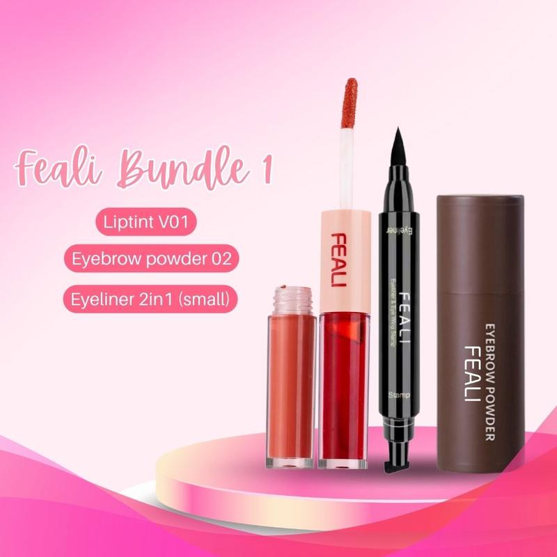 FEALI Paket Bundle Hemat [ 3 Pcs ] Best Seller - ( Feali Multicolor 2in1 Lipstik, Feali Eyeliner Stamp 2in1, Feali Eyebrow Powder) 1