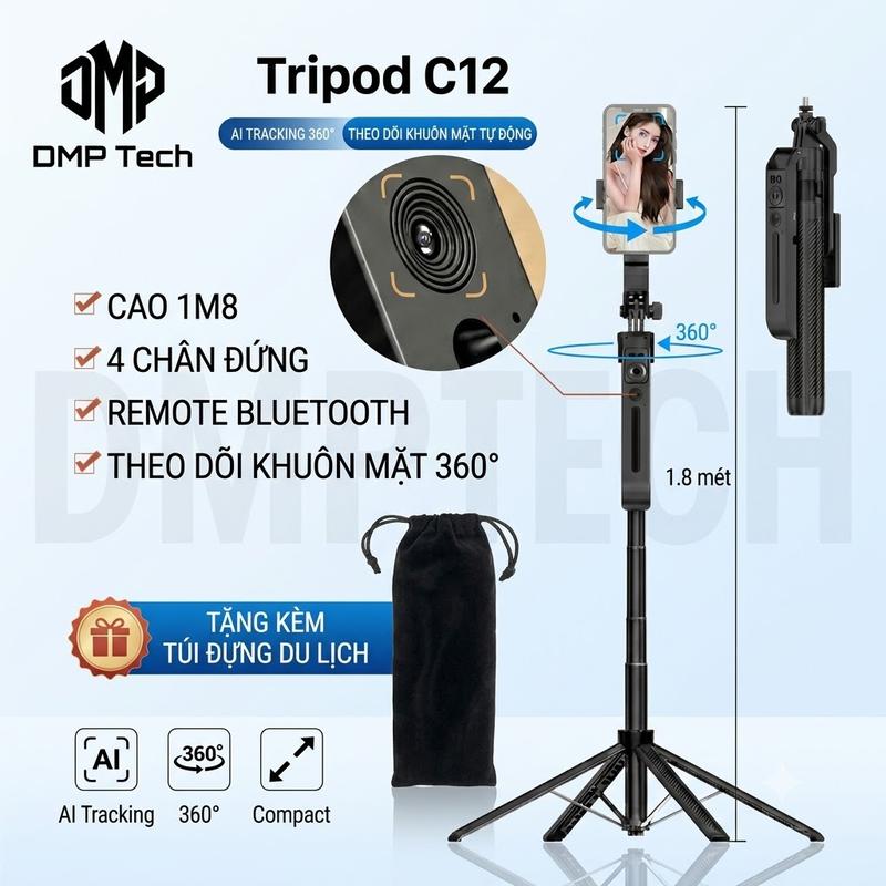 Gimbal C12 360° Ai Theo Dõi Di Chuyển Theo Người Thông Minh 4 chân cao 1m8, Tripod xoay 360, Điều khiển bluetooth