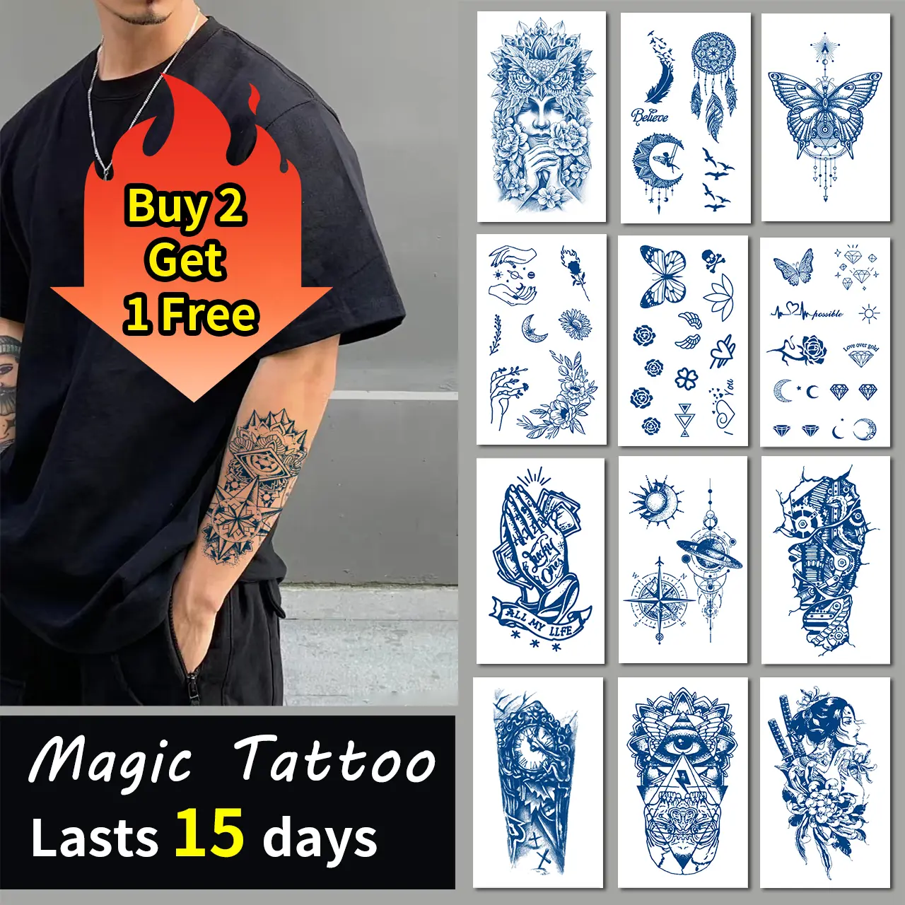 WF Tattoo Magic Tattoo Stickers - Waterproof for 15 Days (Buy 2 Get 1 Free)