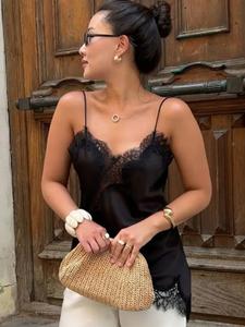 Top de encaje asimétrico para mujer, sexy y retro, estilo satinado tipo slip, disponible en negro, amarillo y azul; sin mangas y con espalda descubierta, perfecto para citas nocturnas y looks de fiesta; camisola