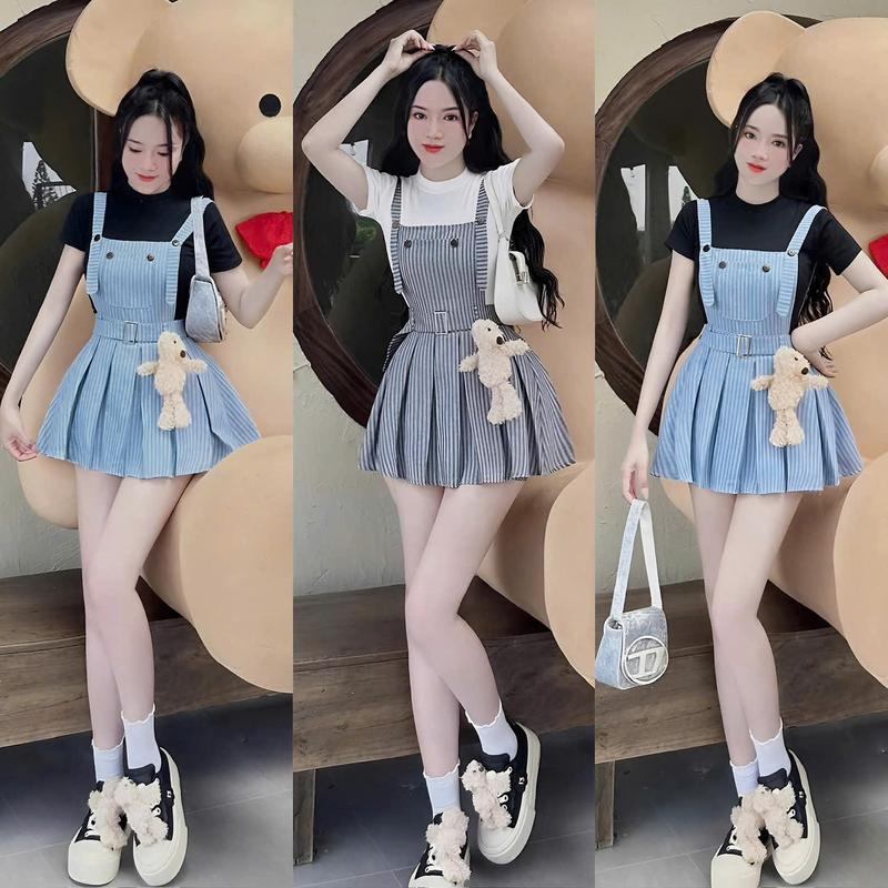 Sét Áo Yếm 2 Dây Xếp Ly Thắt Nịt Eo Phối Áo Tăm Lạnh Kèm Gấu Quyến Rũ Nữ Tính Dịu Dàng Thanh Lịch Sang Trọng Dễ Thương - Free Size - Women Top Màu ĐEN- ĐỎ