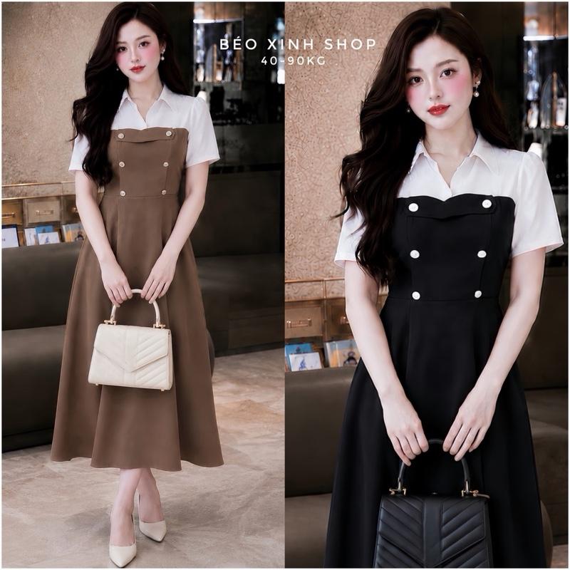 Váy Dự Tiệc Cổ Sơ Mi Phối Nơ Vải Cotton Lạnh Phối Lụa Sọc Phối Nơ 50 - 100Kg Thời Trang Nữ Béo Xinh Shop - A.1415
