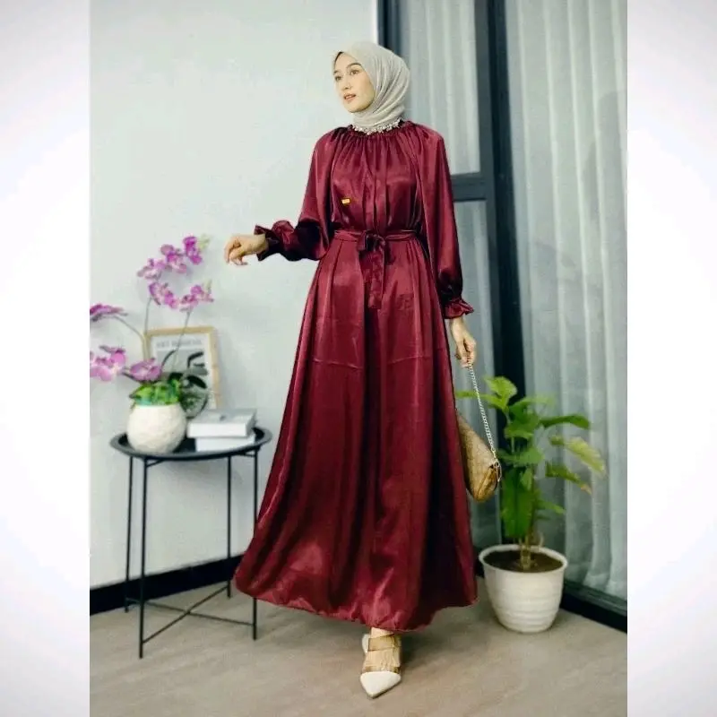 Shahrini Gamis Shimmer shilk Gamis Wanita Terbaru Dres Maxi Mewah Fashion Muslim Polos 2