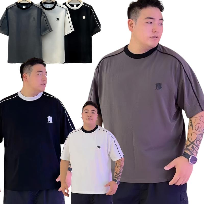 Bigsize 40_145kg Áo thun Nam cotton cá xấu Menswear cổ tròn cộc tay cá tính phong cách ,đen chì trắng chữ thêu Nijo