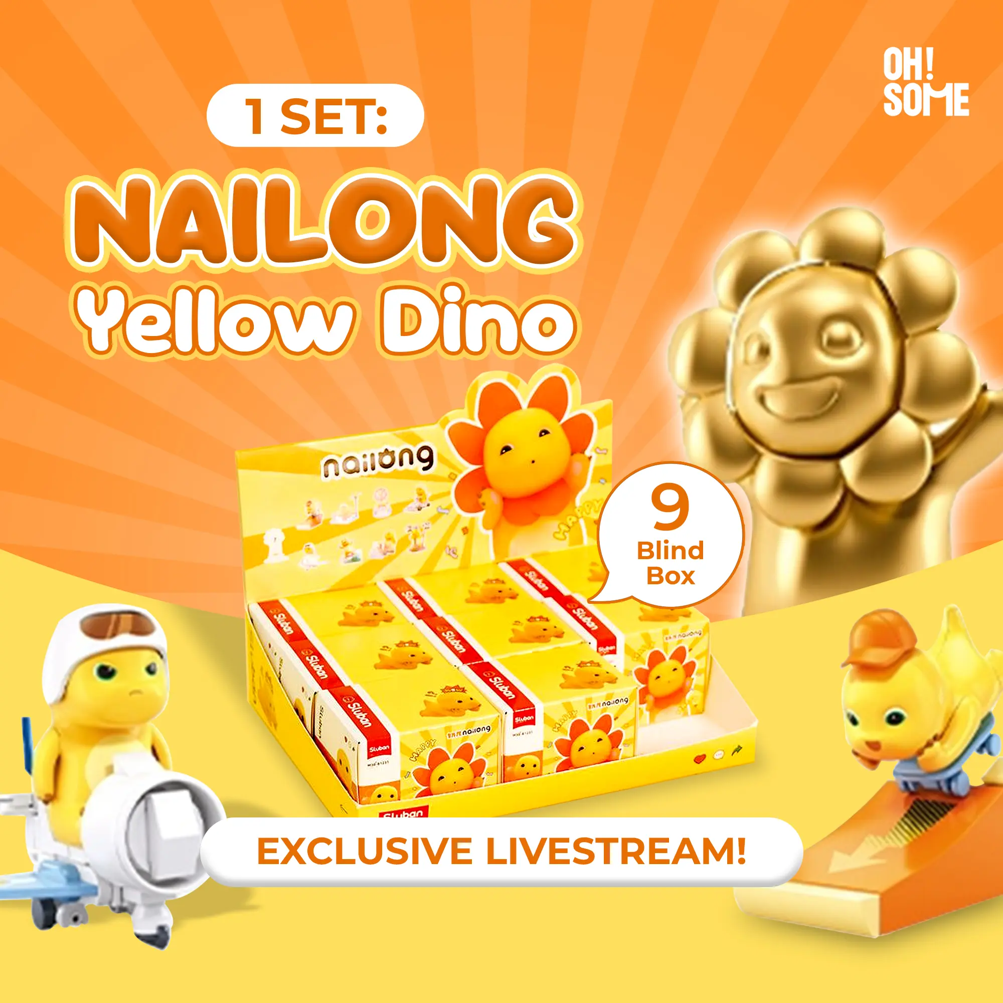 [1 SET: 9PCS] OHSOME Nailong Blind Box Gacha Set Koleksi Figure Nailong Series Nai Long Yellow Dino Mystery Box - PRODUK RANDOM / Surprise Box / Mainan Kotak Misteri Isi Figure Lucu Random Toy