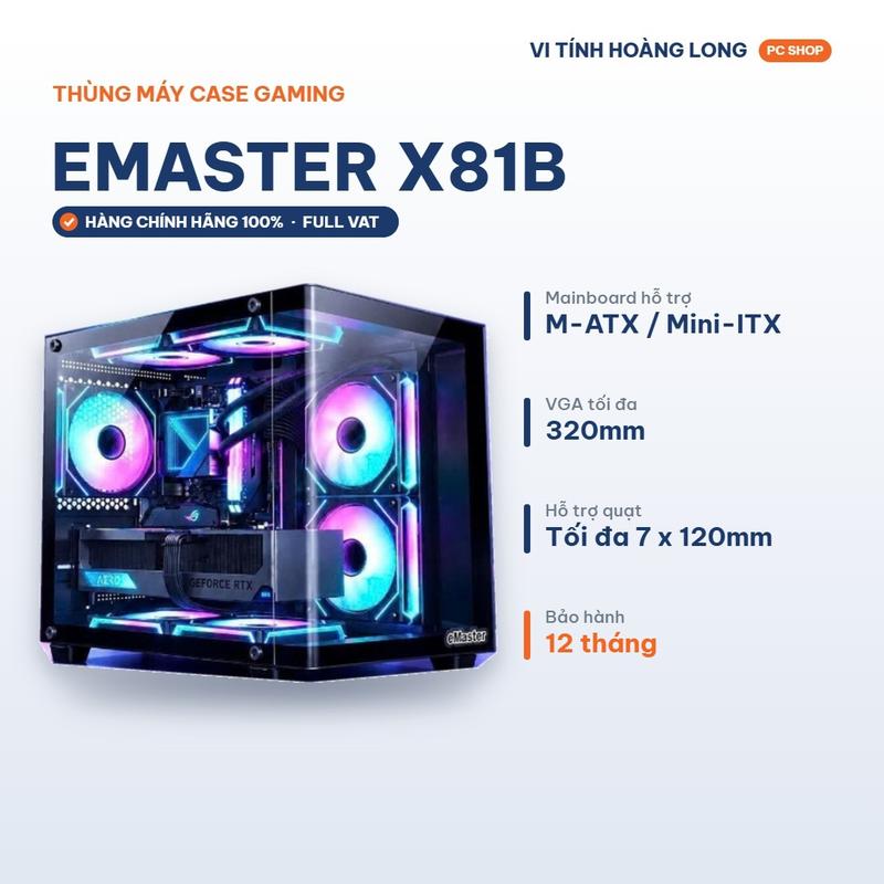 Thùng máy case Gaming EMASTER X81B M-ATX, bể cá cong, màu đen (NO FAN) Bảo hành