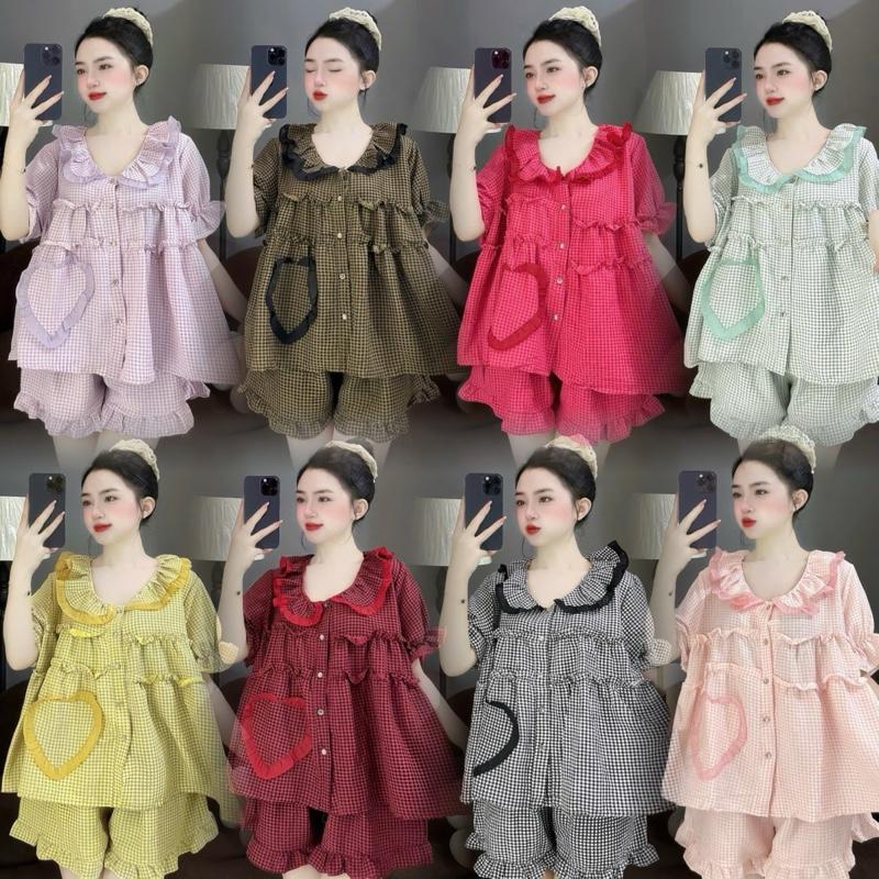  2 SIZE  40-80kg  Set bộ đũi kẻ Caro bánh bèo túi tim,Dáng Baby doll chất thô đũi mềm mịn Bigsize Nữ 