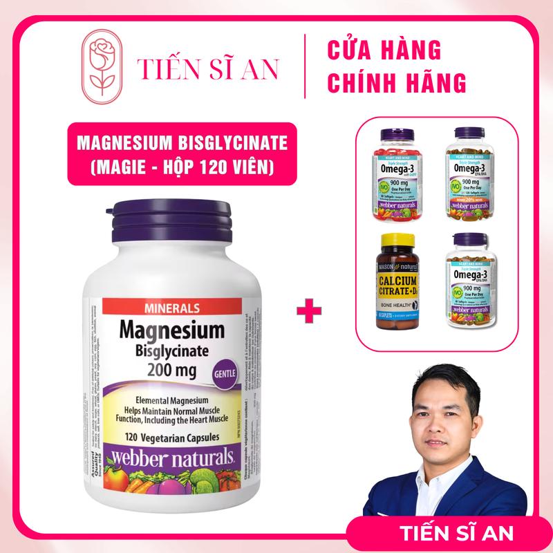 Viên uống Magie Bisglycinate Webber Naturals 200mg - Bổ sung Magie giúp hỗ trợ ngủ ngon, cải thiện tình trạng chuột rút, đau cứng cổ vai gáy, hỗ trợ thư giãn thần kinh & cơ bắp, hộp 120 viên dùng 4 tháng, nhập khẩu chính hãng từ Canada