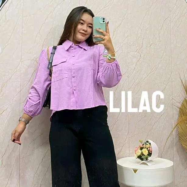 SM89|KD113 ATASAN CROP BAHAN LINEN TEBAL TANGAN PANJANG KARET