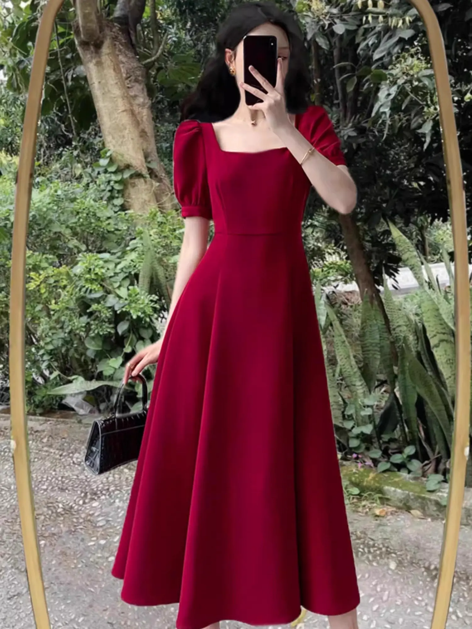 Ship From Manila+COD} S-2XL Red French Style Midi Dress for Women Square  Neck Puff Sleeve High Waist Cocktail Party Guest Dress Elegant Minimalist  Lady Gowns Wedding Christmas Birthday TikTok Popular Philippines -
