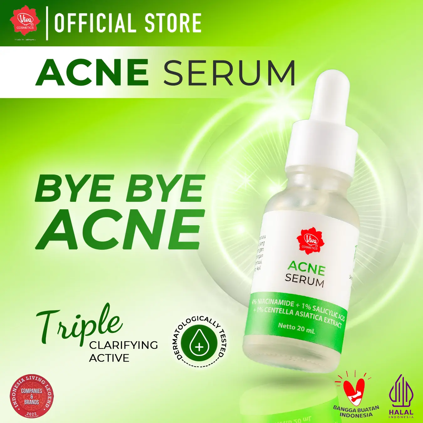 Viva Acne Serum (ANTI JERAWAT) with 4% Niacinamide, 1% Salicylic Acid, & 1 % Centella Asiatica - 20 ml Berjerawat Extract Wajah