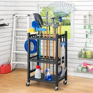 WARM LAB Troli Penyimpanan Alat Berkebun 3 Lapis dengan Roda – Rak Organizer Alat Taman Garpu Sekop di Garasi/Patio