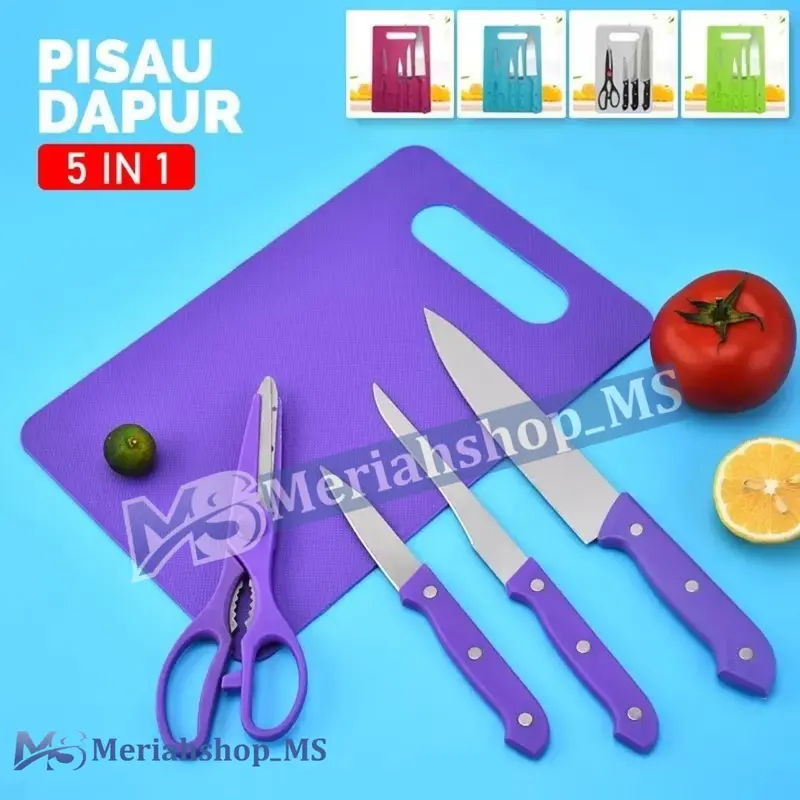 MERIAHSHOP Pisau Set Telenan Talenan Warna 5 in 1 Cutting Board Pisau Gunting Dapur Koki Masak Stainless Steel Anti Karat 0