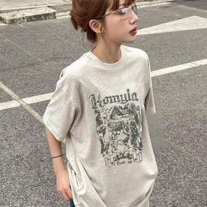 レディース半袖Tシャツ、アルファベットプリントクルーネック、ゆったり、コットンカジュアルトップス、クルーネック、ゆったりシルエット、レディースサマープリントTシャツ