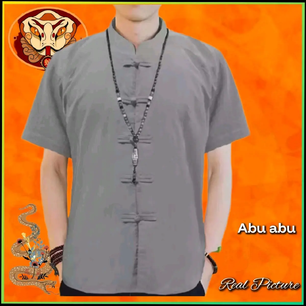 Baju Imlek Pria Kemeja Lengan Pendek Cheongsam Laki Laki Qipao Sincia Abu