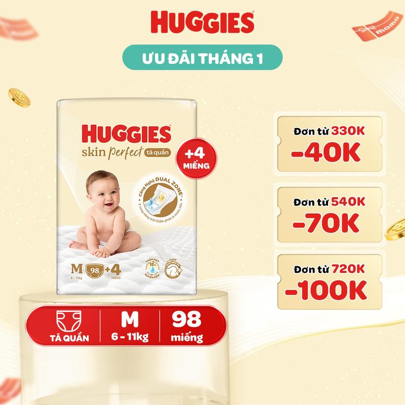 Creator Tã quần Huggies Skin Perfect Mega Jumbo với 2 vùng thấm giảm kích ứng da Size M 98+4 L 88+4 XL 72+4 XXL 64+4