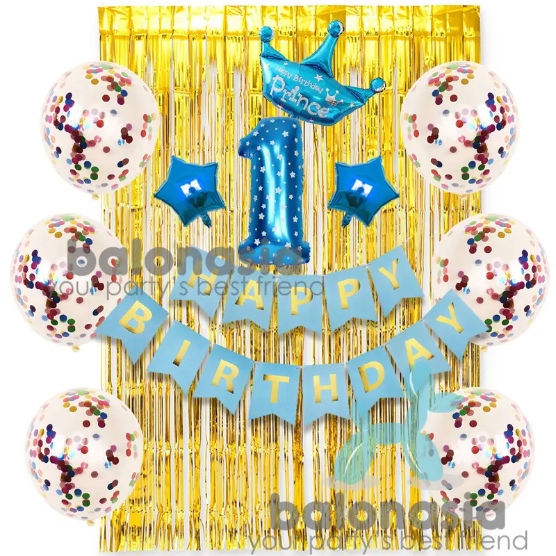 Balonasia Bunting Flag Fancy Set Confetti Crown Biru Latex 1