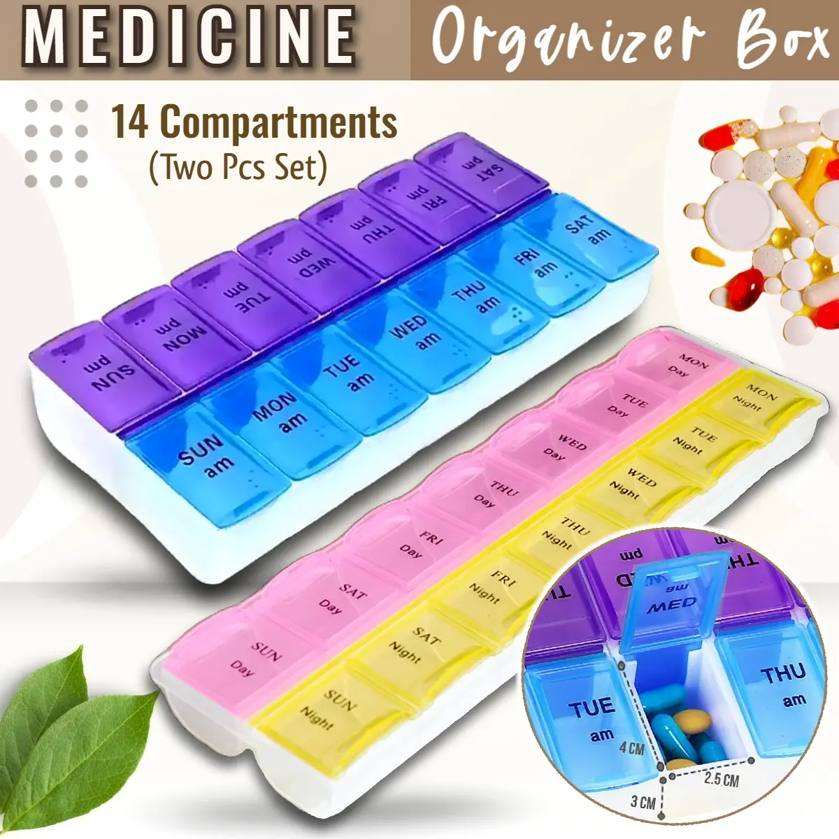 2 Pcs of Medicine Box Pill Organizer (14 Compartment) Medicine Supplements Vitamin Tablet Storage Case Box Portable Pill Organizer