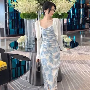 452 dress raya 2025 tanpa lengan halter dress wanita kekinian Elegant pantai white dress party sexy Pas Body korea floral dress dress biru muda Gaun Formal  Pesta Panjang Simple Casual