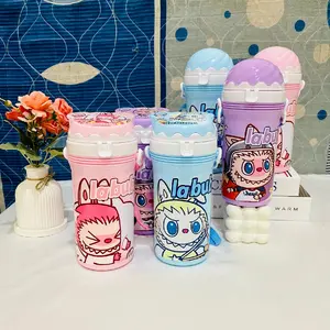 Botol Minum Anak Sekolah Sedotan Tali Slempang Karakter Viral Labubu 560ml Botol Cup Model Ice Cream Bottles Water Kitchenware Plastik Souvenir