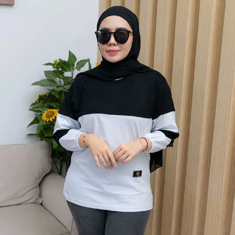 Ayessa Shop T-shirt Atasan Kaos Wanita Lengan Panjang Kerut Kombinasi Bahan katun Combeds nyaman enak dipakai 7