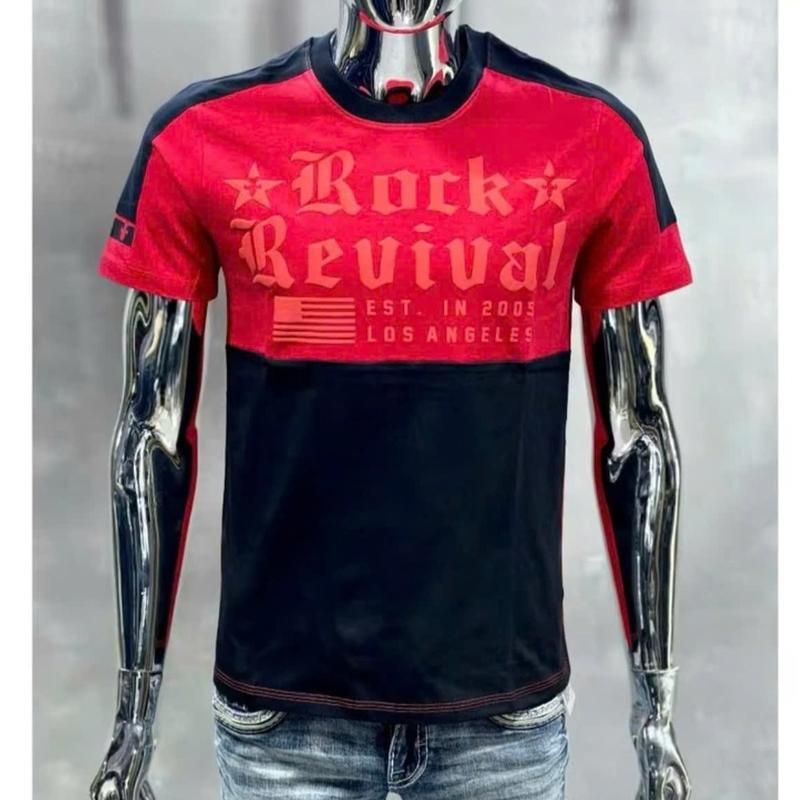  Áo thun Rock Revival logo nổi màu trắng đỏ dập chữ viền tay 