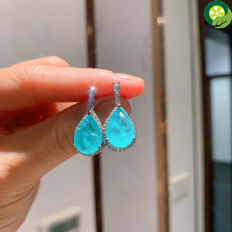 Luxury 925 Sterling Silver Paraiba Tourmaline Gemstone Earrings/Pendant/Necklace/Ring Wedding Jewelry Sets Wholesale 3