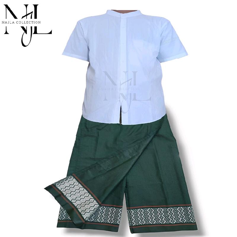 Setelan Koko Putih Anak Cowok Remaja Lengan Pendek SARKOCI Sarung Celana Motif+Baju Muslim Bahan Katun Terbaru Kombinasi kemeja laki2 6–12 baju laki 3