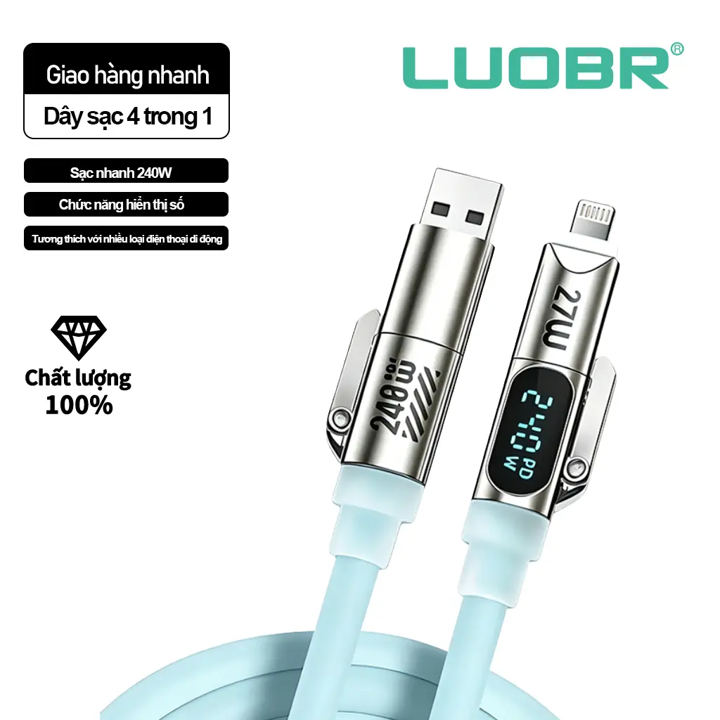 Dây sạc nhanh kỹ thuật số 4 trong 1 công suất 240W, dài 1.8 mét, tương thích với cáp dữ liệu iP và Android