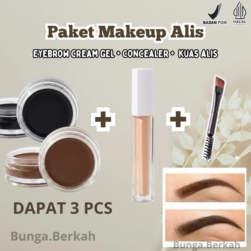 (BPOM) Paket 3Pcs Eyebrow Cream Gel + Concealer + Kuas. Eyebrow untuk Makeup Alis Tahan Lama Waterproof dan Natural Produk Original tersedia 4 Warna Set
