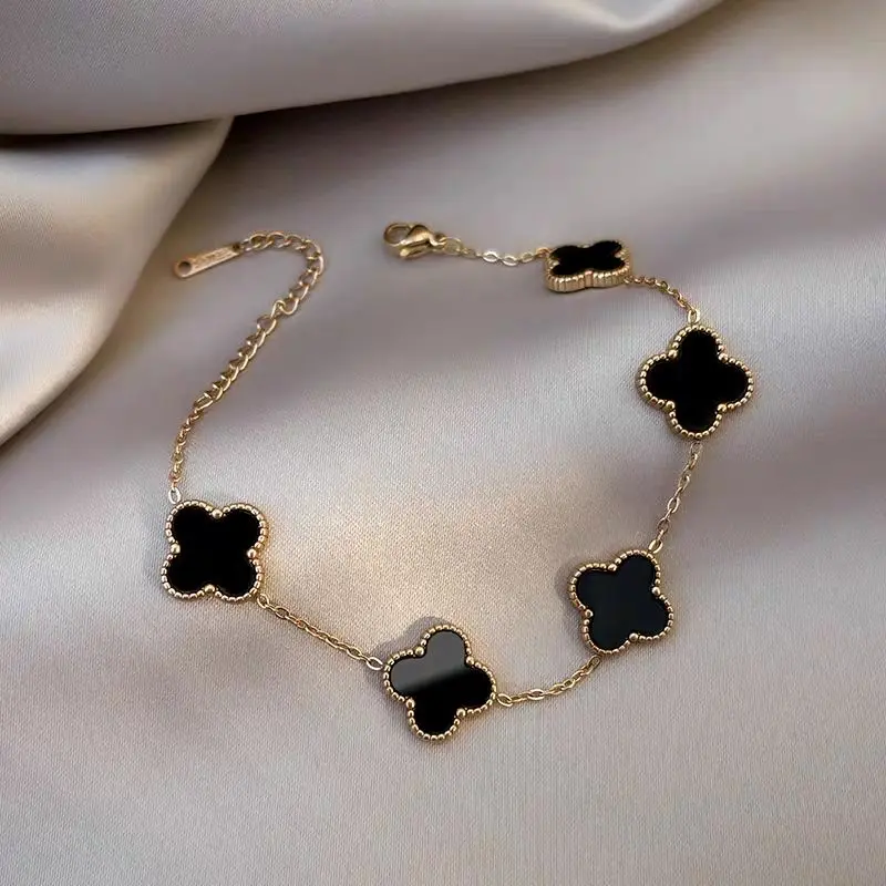 [ ZAHRA ] Gelang Tangan Titanium Wanita Fashion Bunga Gerigi Hitam Terlaris Perhiasan Wanita daily Fashion original Korean Style Anti Karat dan Luntur Bracelets 2