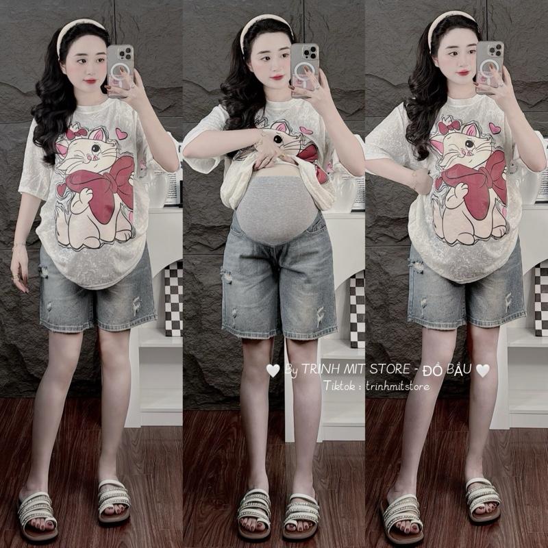 TRINH MIT Quần Ngố Bò Rách Xước & Áo Phông Ren Mèo Nơ Hàng QC Loại 1 - Có Chun Chỉnh Eo Cho Bầu