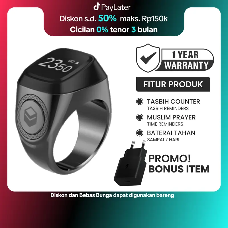 iQibla Zikr Ring Lite E01 Cincin Tasbih Digital Hitung Zikir Harian Muslim Modern Baterai Tahan Lama Cincin Zikir Bonus Adaptor Black Gray 0