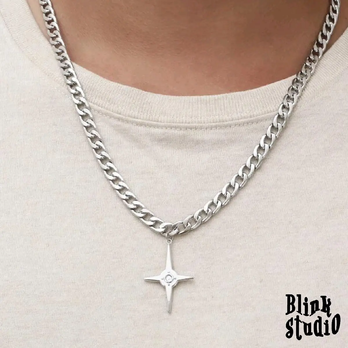 Starlet - Kalung Rantai silver Cross Bintang Diamond Titanium Liontin Gaya Hip Hop Retro Punk Y2K Uniseks