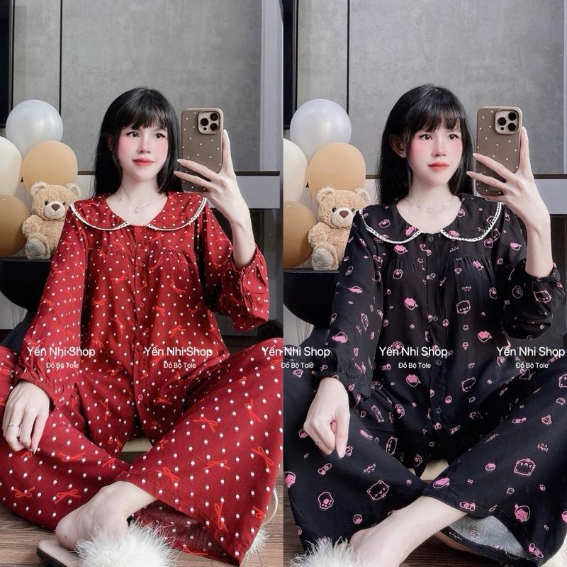  YN023 Đồ Bộ Tole Lanh Nữ L1  40-85kg  Áo Cổ Sen Phối Ren Tay Dài Quần Dài Bộ Mặc Nhà Xinh 