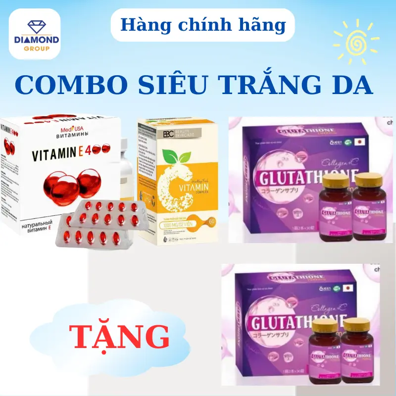 COMBO hỗ trợ sáng da gồm: Vitammin E, Vitamin c, Glutathione 16000 (hộp 60 viên)
