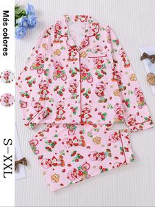 Conjunto de ropa de dormir para mujer con estampado de fresa, top de manga larga con botones y pantalones con cintura elástica, pijamas casuales de otoño invierno, cómodo para estar en casa