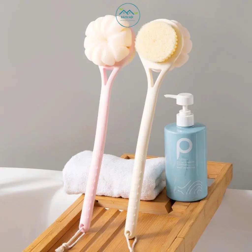 Bàn Chải Tắm 2 Mặt Cán Dài, Một Mặt Bông Lưới Tạo Bọt Một Mặt Bàn Chải Chà Lưng Làm Sạch Sâu