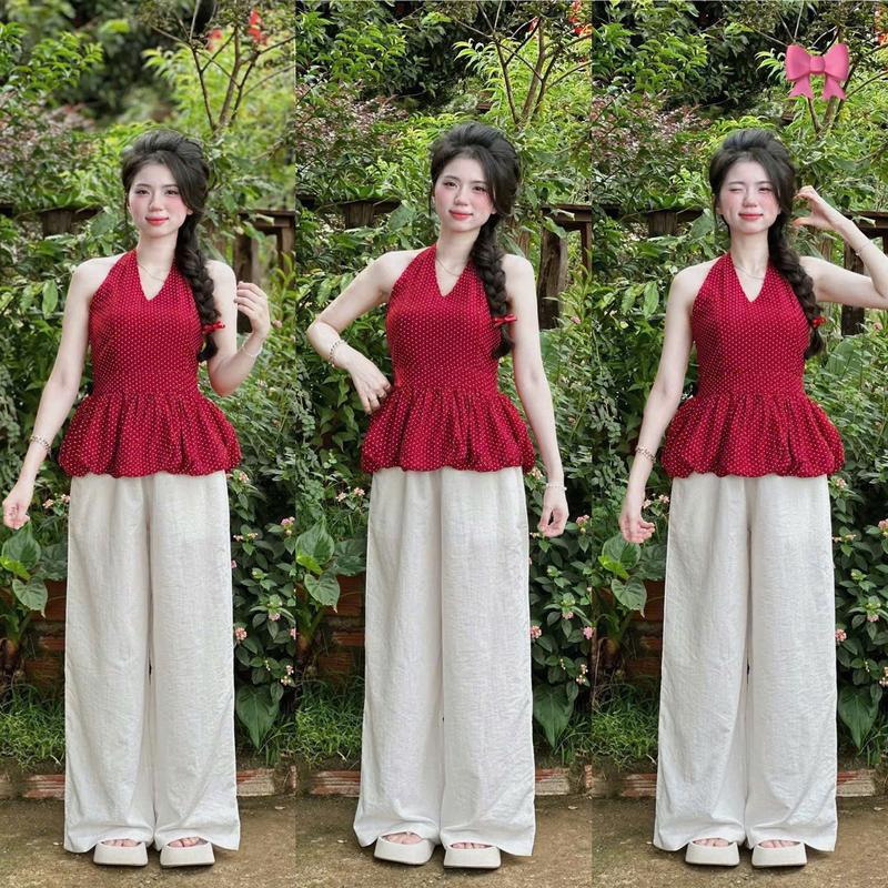  Sét áo cổ yếm chấm bi phối quần đùi suông dài xinh trẻ 