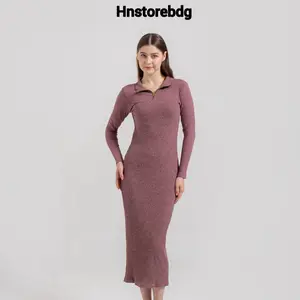 Long Dress Ziper Knit Premium Grade A Gaun Casual Wanita Panjang