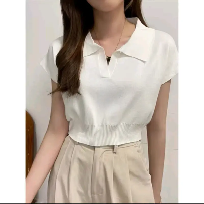 Atasan Rajut Polo Crop Top Knit / Crop Top Wanita Polos / Casual Top Pendek Knitwear Kerah 7